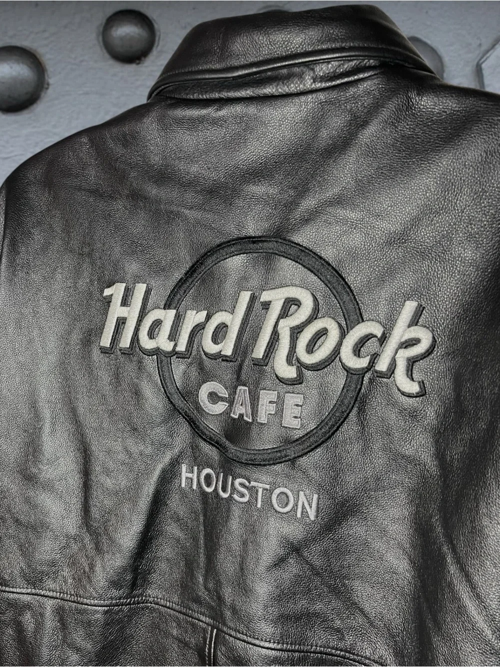 Hard Rock Cafe Houston   Embroidered Black Leather Bomber Jacket Men's Size XXL